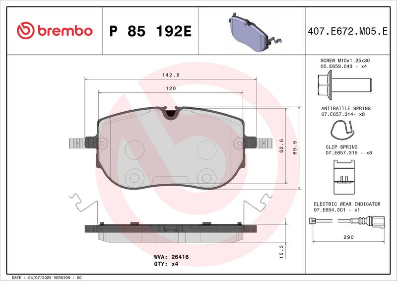 BREMBO P 85 192E Brake Pad Set, disc brake