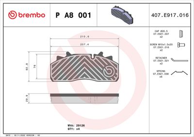 Brake Pad Set, disc brake BREMBO P A8 001