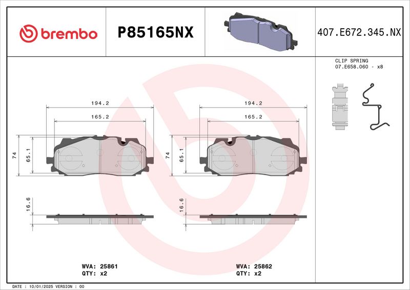 BREMBO P85165NX Brake Pad Set, disc brake