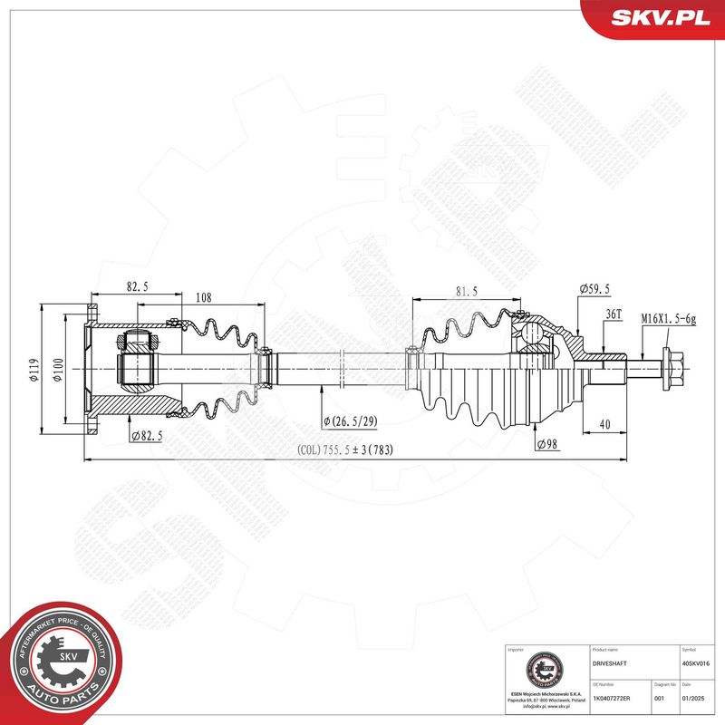 ESEN SKV 40SKV016 Drive Shaft