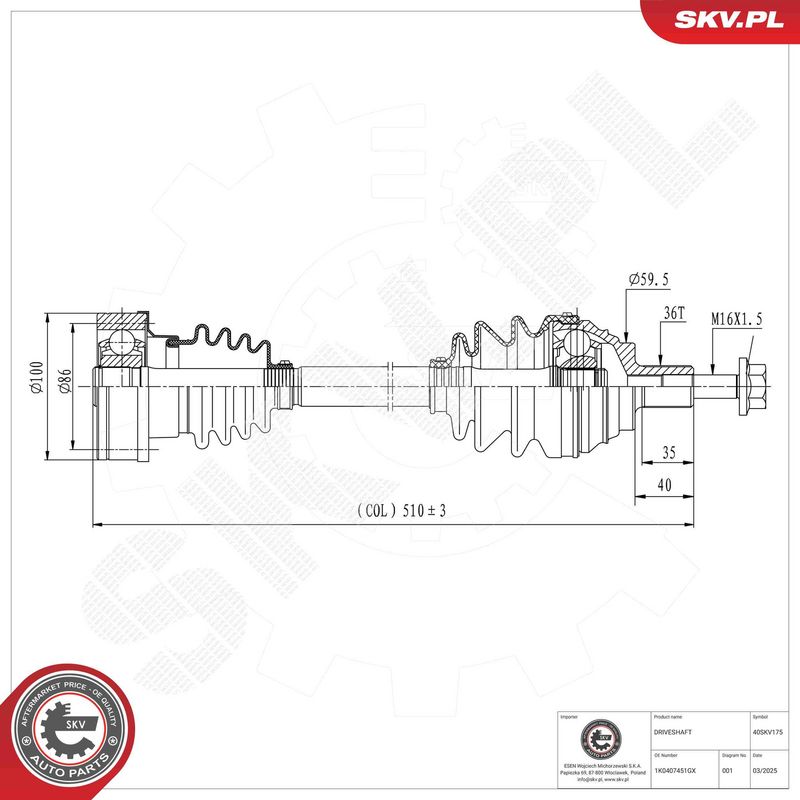 ESEN SKV 40SKV175 Drive Shaft