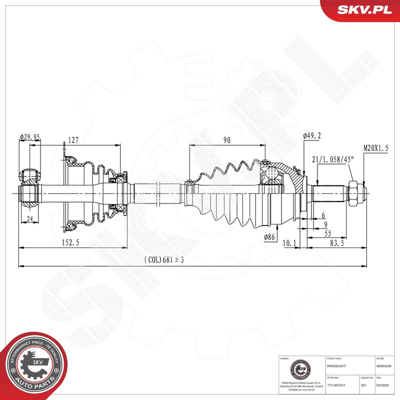 ESEN SKV 40SKV249 Drive Shaft