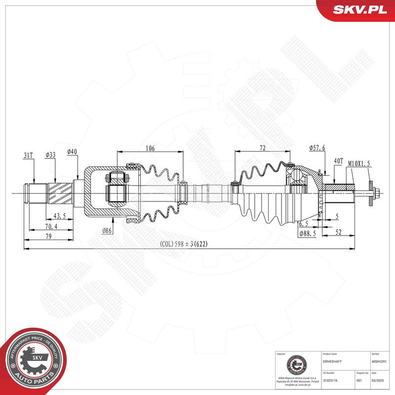 ESEN SKV 40SKV291 Drive Shaft