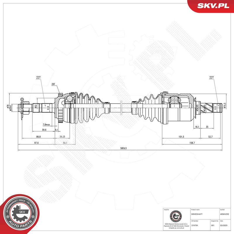 ESEN SKV 40SKV292 Drive Shaft