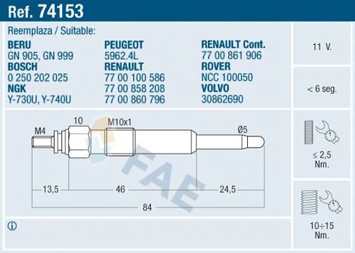 FAE 74153 Glow Plug