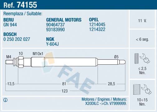 FAE 74155 Glow Plug