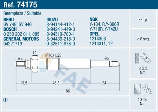 FAE 74175 Glow Plug