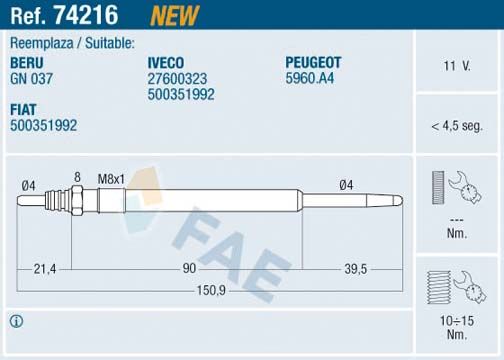 FAE 74216 Glow Plug