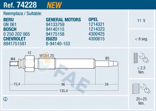 FAE 74228 Glow Plug