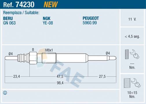 FAE 74230 Glow Plug