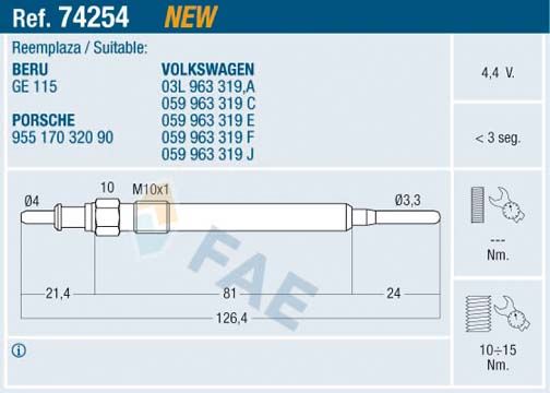 FAE 74254 Glow Plug