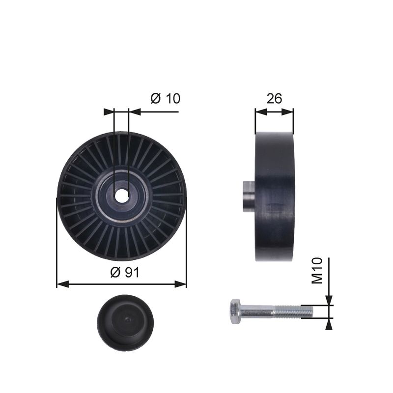 GATES T36001 Deflection/Guide Pulley, V-ribbed belt