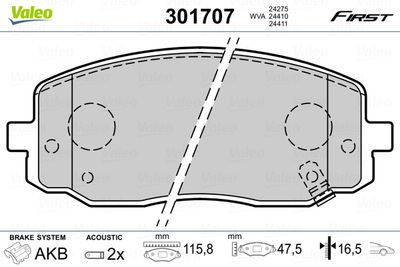 Brake Pad Set, disc brake VALEO 301707
