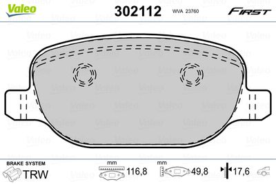 Brake Pad Set, disc brake VALEO 302112