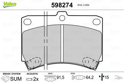 Brake Pad Set, disc brake VALEO 598274