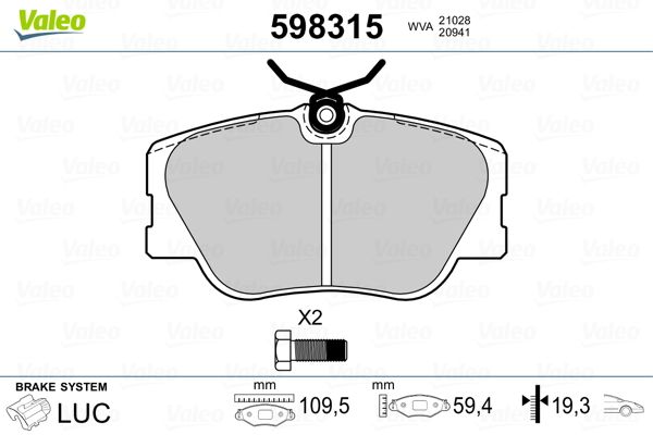 VALEO 598315 Brake Pad Set, disc brake