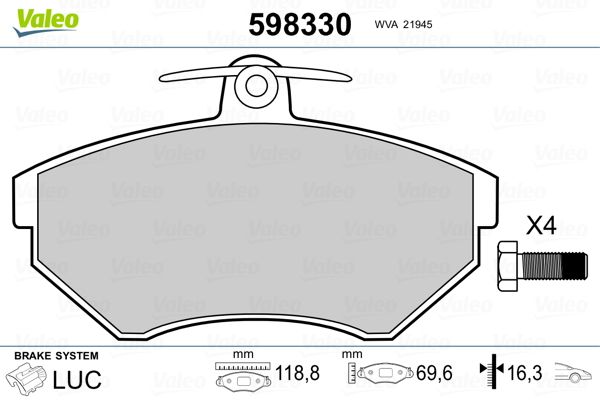 VALEO 598330 Brake Pad Set, disc brake