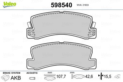 Brake Pad Set, disc brake VALEO 598540