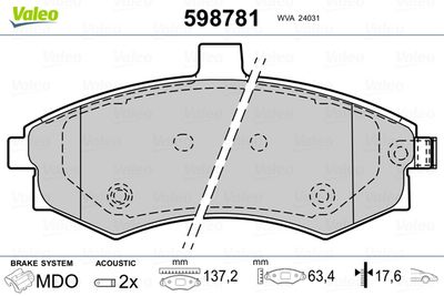 Brake Pad Set, disc brake VALEO 598781