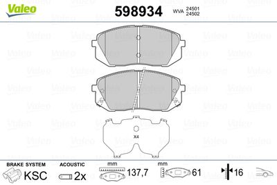 Brake Pad Set, disc brake VALEO 598934