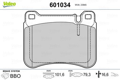 Brake Pad Set, disc brake VALEO 601034