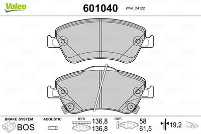 Brake Pad Set, disc brake VALEO 601040